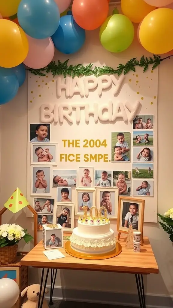 19+ Fun and Creative 1st Birthday Party Ideas for Your Little One 13 A colorful birthday display with a cake and photo collage celebrating a child's first birthday.