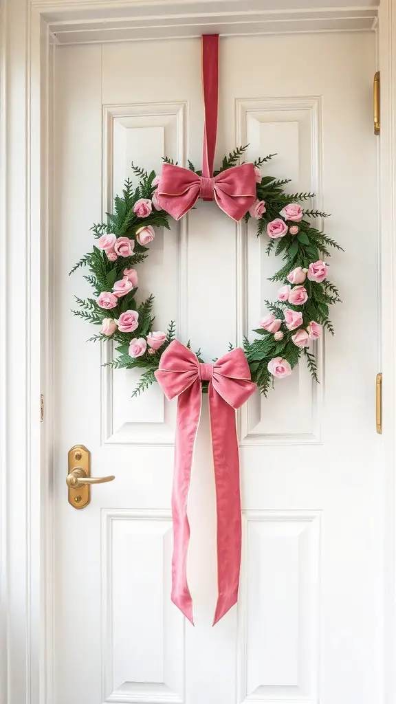 A pink Christmas wreath with velvet ribbons and flowers, hanging on a door.
