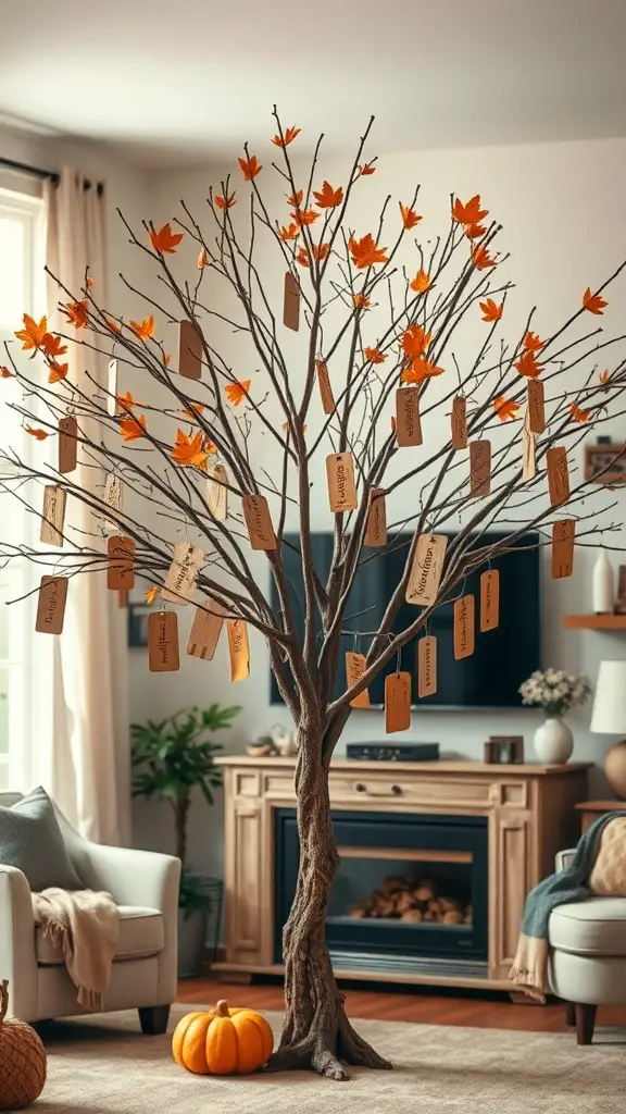 15 Stunning Fall Thanksgiving Decor Ideas You'll Love 16 A Thankful Tree with orange leaves and wooden tags hanging from its branches, set in a cozy living room.