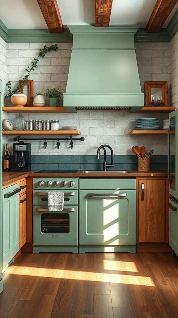 27+ Stunning Sage Green and Wood Kitchen Ideas You’ll Love 11 A cozy kitchen featuring sage green appliances and rustic wood accents.