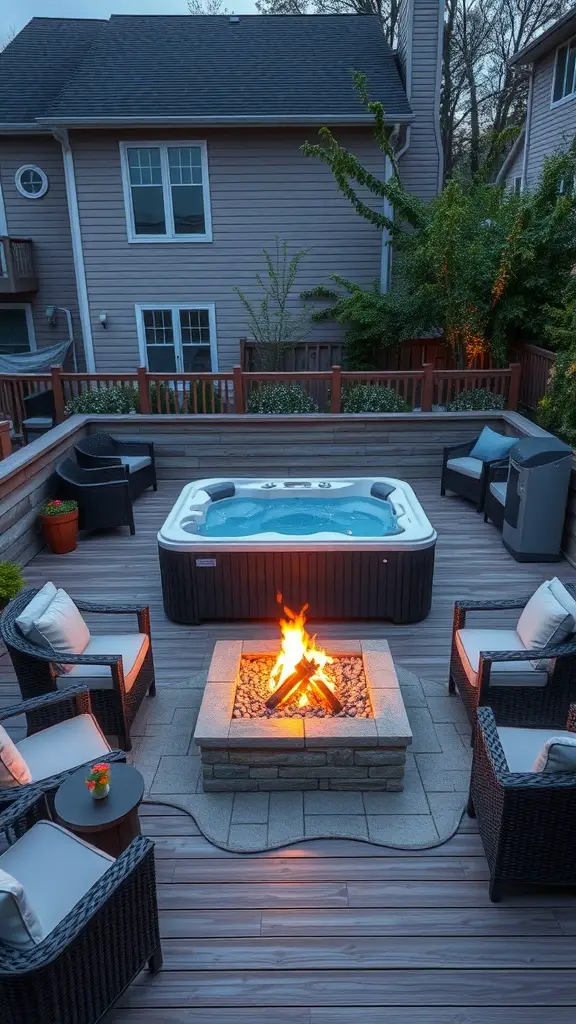23+ Stunning Hot Tub Deck Designs to Elevate Your Outdoor Oasis 6 A hot tub deck featuring a fire pit surrounded by seating, creating a cozy outdoor space.