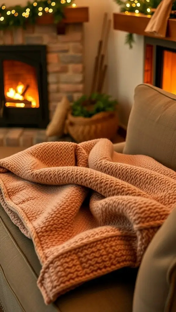 37+ Charming Fall Sewing Projects to Cozy Up Your Home 12 A cozy fleece blanket draped over a couch in front of a warm fireplace.