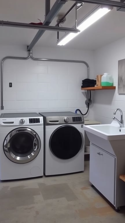 21+ Innovative Garage Layout Ideas You'll Love 12 A clean laundry and utility space featuring a washer, dryer, and utility sink.