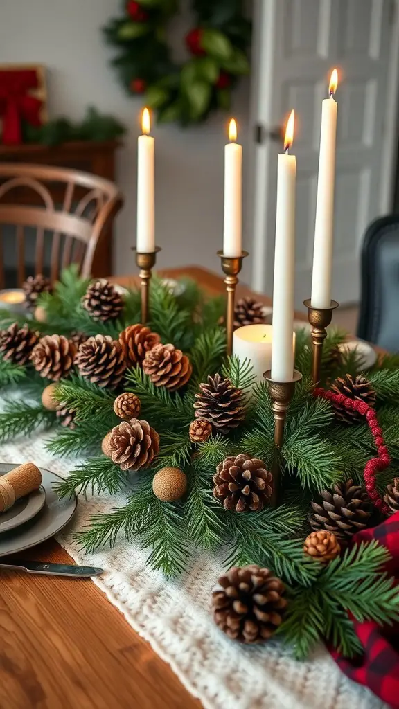 23+ Creative Christmas Crafts for Adults to Try This Holiday Season 14 A festive table centerpiece with pinecones, greenery, and white candles.