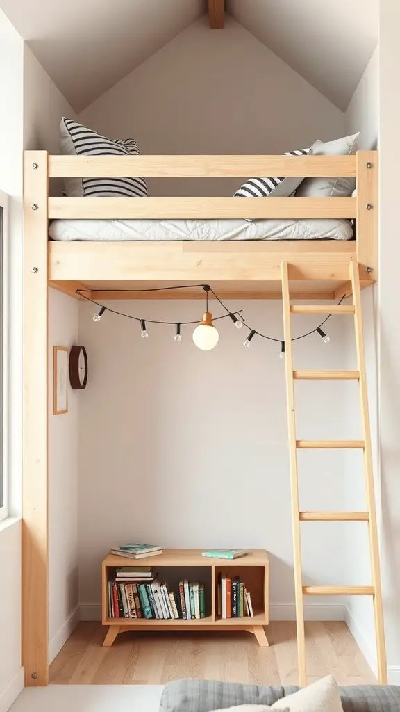25+ Creative Loft Bed Ideas for Small Rooms 6 A loft bed with a cozy reading nook underneath, featuring a wooden frame, cushions, and a small bookshelf.
