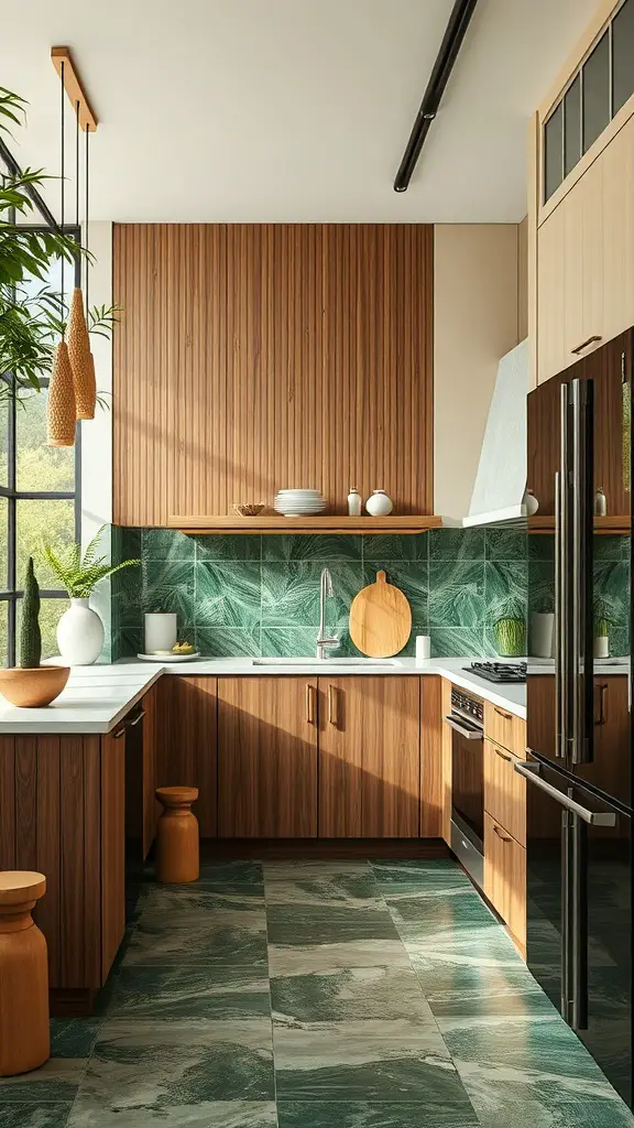 15+ Stunning Green Kitchen Designs You’ll Love 4 A modern kitchen featuring wooden cabinets and green tiles, showcasing sustainable design elements.
