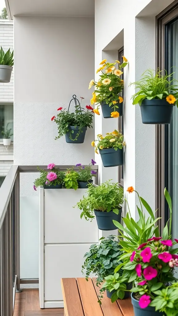 A balcony with vertical planters featuring colorful flowers and greenery.