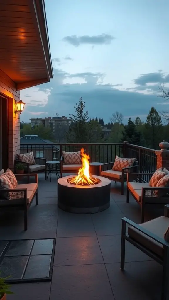 23+ Stylish Apartment Balcony Ideas for Your Outdoor Oasis 12 A cozy balcony with a mini fire pit surrounded by comfortable seating and soft lighting.