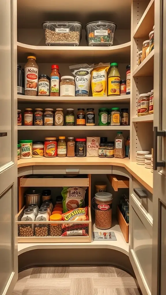 17+ Creative L Shaped Pantry Ideas for Your Kitchen 9 An organized L-shaped pantry featuring pull-out drawers for easy access to food items.