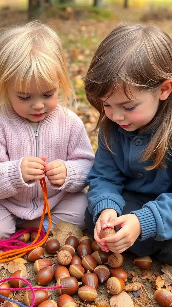 25+ Creative Fall Crafts for Toddlers 2 Two toddlers creating acorn necklaces with colorful yarn and acorns on the ground.