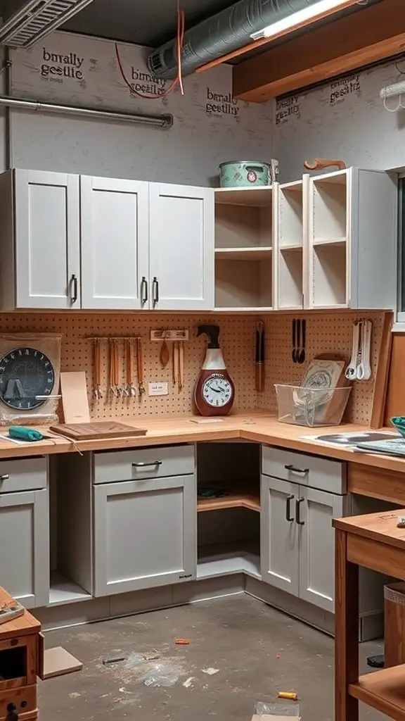 25+ Creative Built-In Pantry Cabinet Wall DIY Ideas 6 A workspace with pantry cabinet sections and tools, ready for assembly.