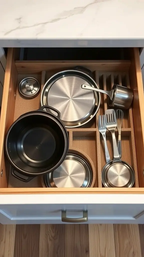23+ Genius Ways to Organize Your Pots and Pans Storage 14 Organized kitchen drawer with pots, lids, and utensils neatly arranged.