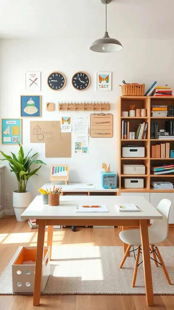 23+ Cozy Homeschool Room Ideas for a Perfect Learning Space 7 A cozy multi-purpose craft and study area with a desk, storage, and colorful decor.