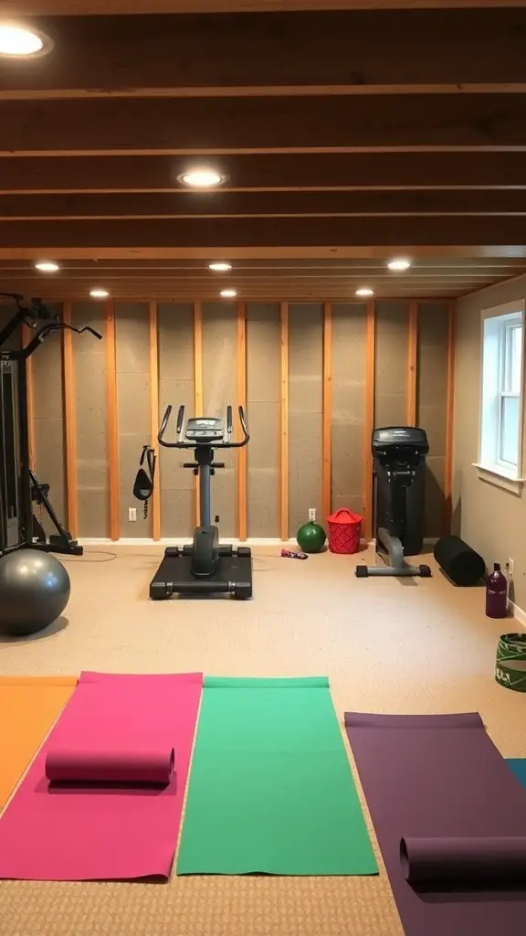19+ Cozy Unfinished Basement Ideas to Transform Your Space 11 A cozy unfinished basement fitness zone with workout equipment and colorful mats.