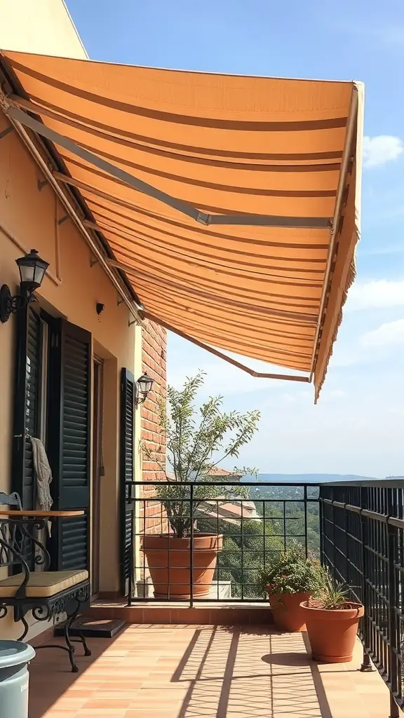 21+ Creative Balcony Privacy Ideas You’ll Love 13 A balcony with a retractable awning providing shade and privacy.