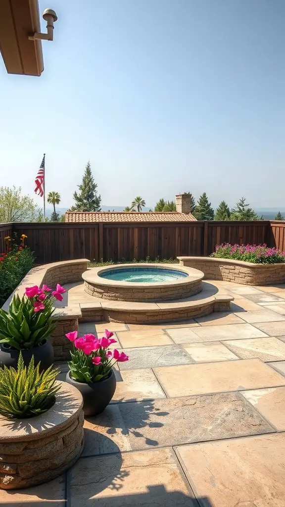 23+ Stunning Hot Tub Deck Designs to Elevate Your Outdoor Oasis 8 A hot tub deck featuring natural stone elements, surrounded by vibrant flowers and a scenic view.