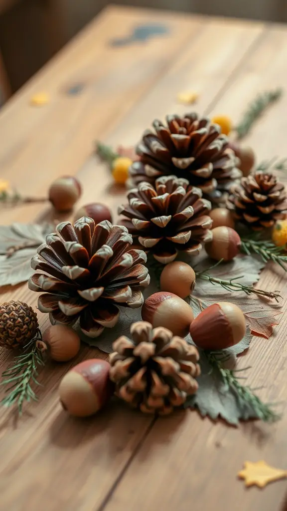 21+ Cozy Fall Decor Ideas from Hobby Lobby 6 A beautiful arrangement of pinecones, acorns, and greenery on a wooden table.