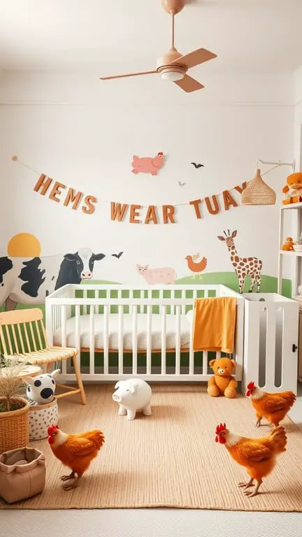 27+ Adorable Baby Nursery Ideas for Boys 12 A baby nursery decorated with farmyard themes, featuring a crib, colorful animal murals, and playful decor.