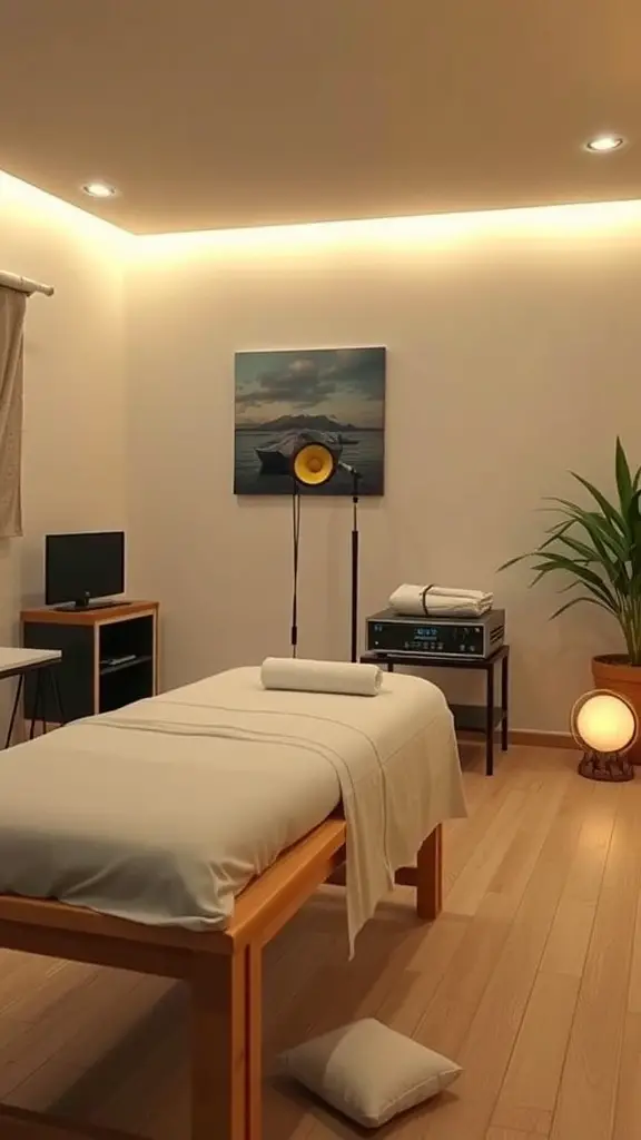 A serene massage room with soft lighting, a massage table, and a speaker for music.