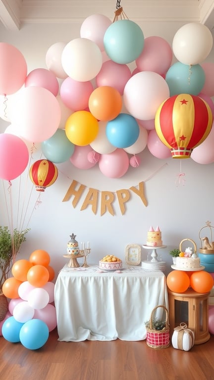 19+ Creative Baby Shower Themes to Celebrate February Babies 6 A colorful hot air balloon themed baby shower setup with balloons, a dessert table, and a 'HAPPY' banner.