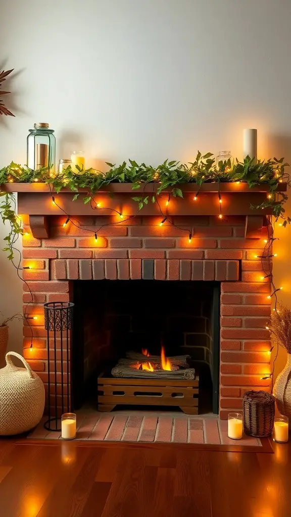 A cozy fireplace decorated with fairy lights and greenery, creating a warm atmosphere.