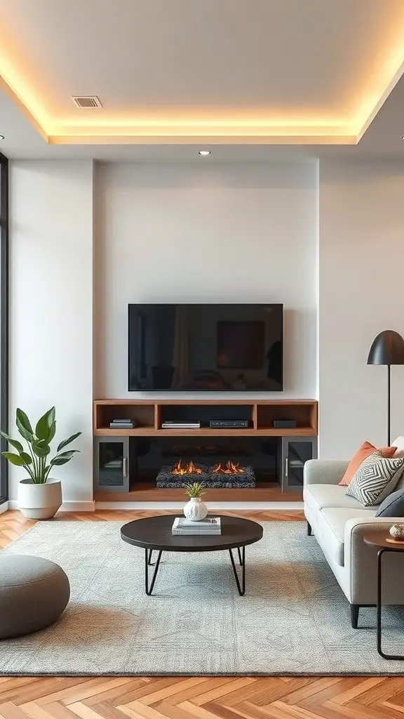 21 Stunning Fireplace TV Wall Ideas for Your Living Room 5 A modern living room featuring a fireplace TV wall, a cozy sofa, and a round coffee table.