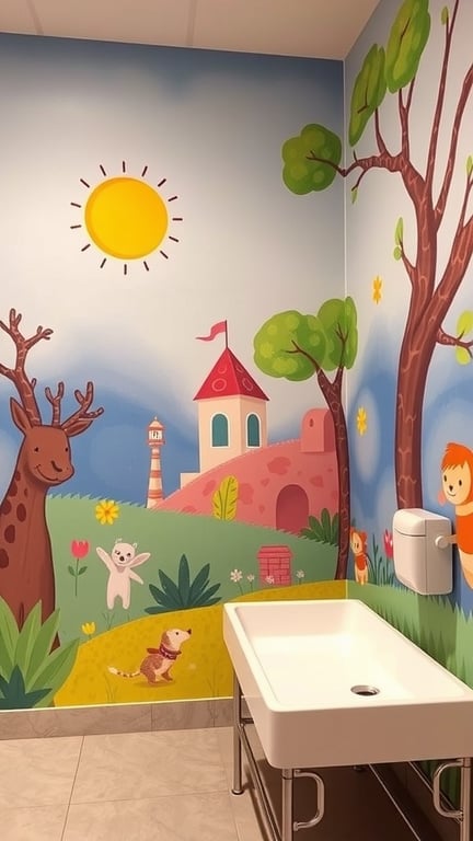21+ Creative Baby Changing Station Ideas for Every Nursery 4 A colorful changing station with a mural of trees, animals, and a sunny landscape.