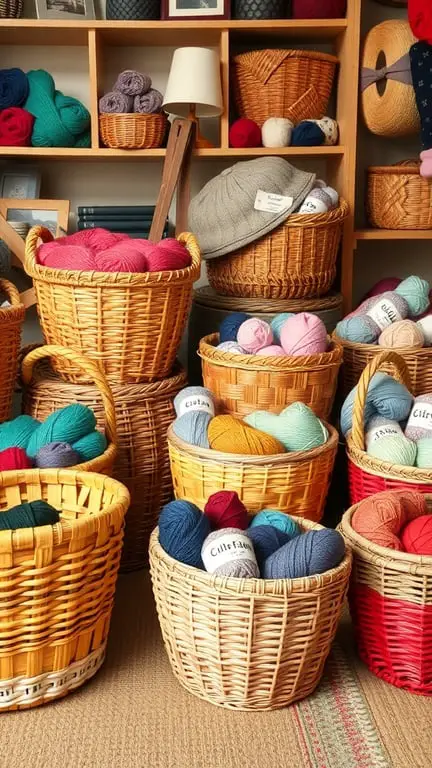 25+ Creative Yarn Storage Ideas for Organizing Your Stash 9 Colorful baskets filled with various yarns in a cozy storage space