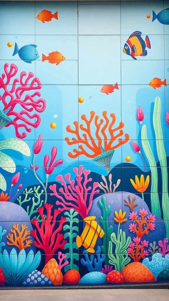 23+ Stunning Garden Mural Ideas to Transform Your Outdoor Space 10 A colorful underwater mural featuring coral reefs and various fish.