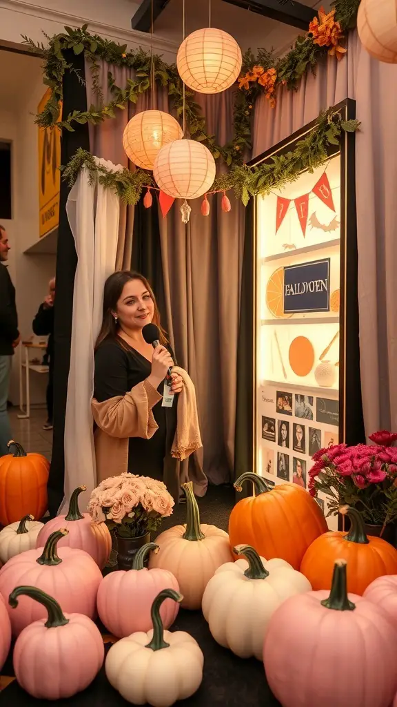 20+ Adorable Pink Pumpkin Baby Shower Ideas 6 Chic pink pumpkin photo booth setup with lanterns and pumpkins