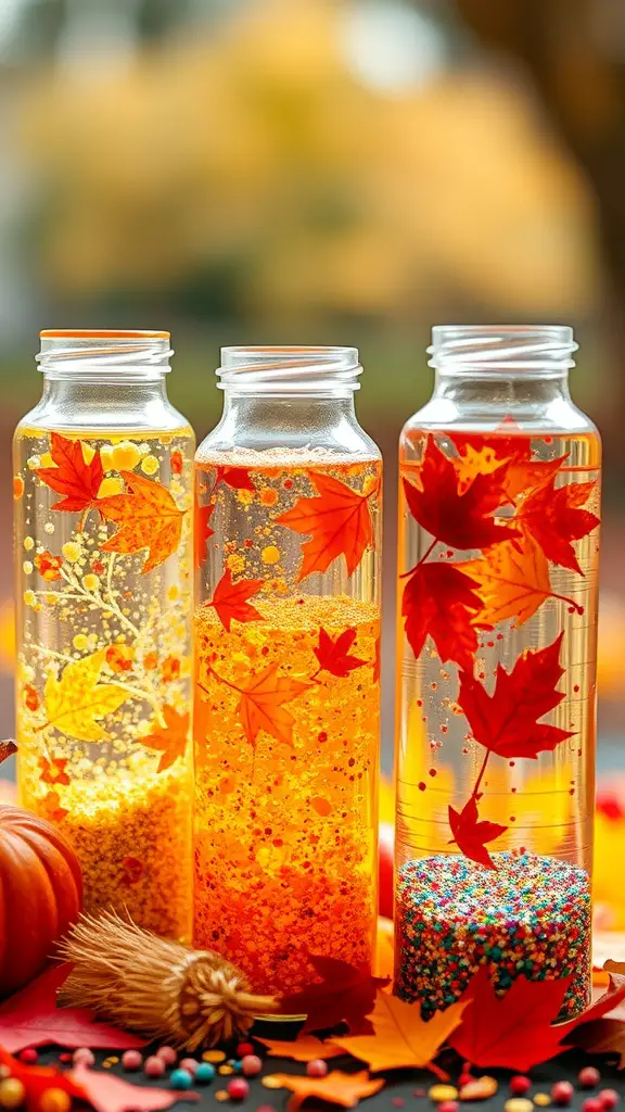 25+ Creative Fall Crafts for Toddlers 6 Three fall-themed sensory bottles filled with leaves and glitter, showcasing autumn colors.