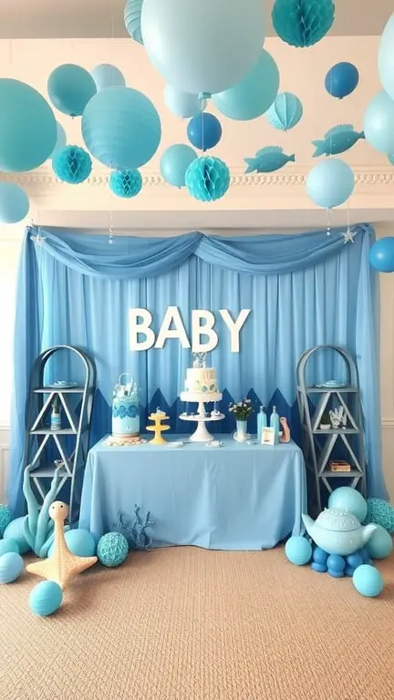 19+ Creative Baby Shower Themes to Celebrate February Babies 7 A baby shower setup with an Under the Sea theme featuring blue balloons, a decorated cake, and ocean-themed decorations.