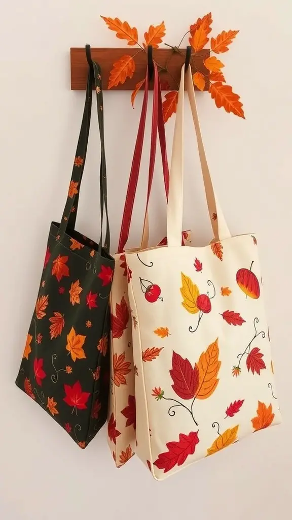 37+ Charming Fall Sewing Projects to Cozy Up Your Home 6 Two stylish tote bags with autumn leaf designs hanging on a hook