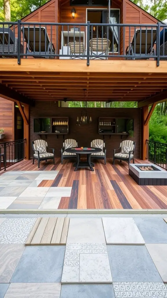19+ Stunning Decks with Patios Underneath for Your Outdoor Oasis 4 A deck with various flooring samples laid out, including tiles and wooden planks.