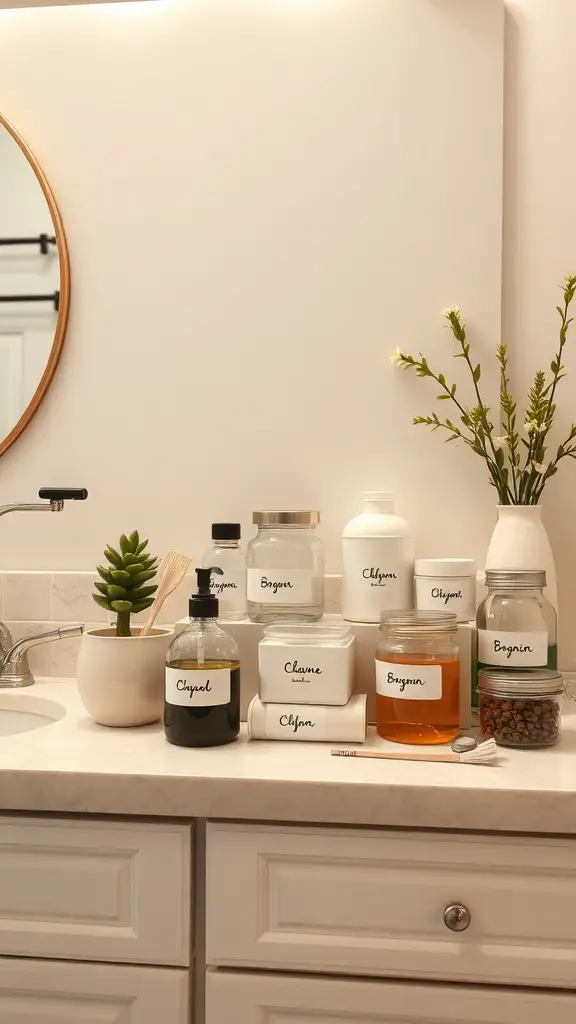 27+ Creative Vanity Organization Ideas You’ll Love 10 A neatly organized vanity with labeled jars and bottles