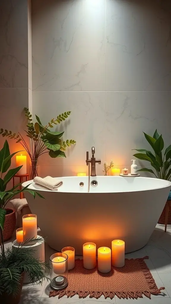 25+ Spa Bathroom Ideas for a Relaxing Retreat at Home 4 A luxurious bathroom featuring a freestanding bathtub surrounded by candles and plants.