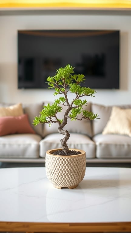 17+ Creative Mini Garden Ideas for Small Spaces 13 A mini bonsai tree in a textured pot on a table, with a cozy living room in the background.