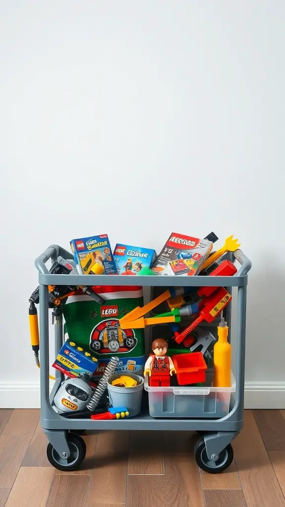 19+ Creative LEGO Organization Ideas for a Tidy Space 15 A rolling cart filled with various LEGO sets and accessories, showcasing an organized and mobile storage solution.
