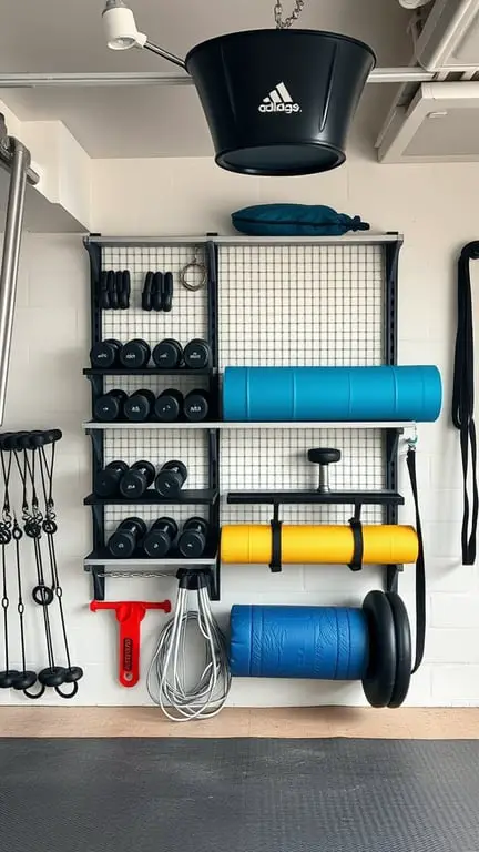 19 Home Gym Ideas for Small Garages: Maximize Your Space with These Creative Solutions 4 A well-organized wall-mounted storage solution for a home gym, featuring dumbbells, yoga mats, and resistance bands.