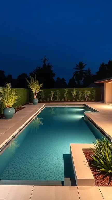 37+ Stunning Backyard Pool Design Ideas to Transform Your Outdoor Space 10 A modern geometric pool with clear water, surrounded by greenery and illuminated at night.