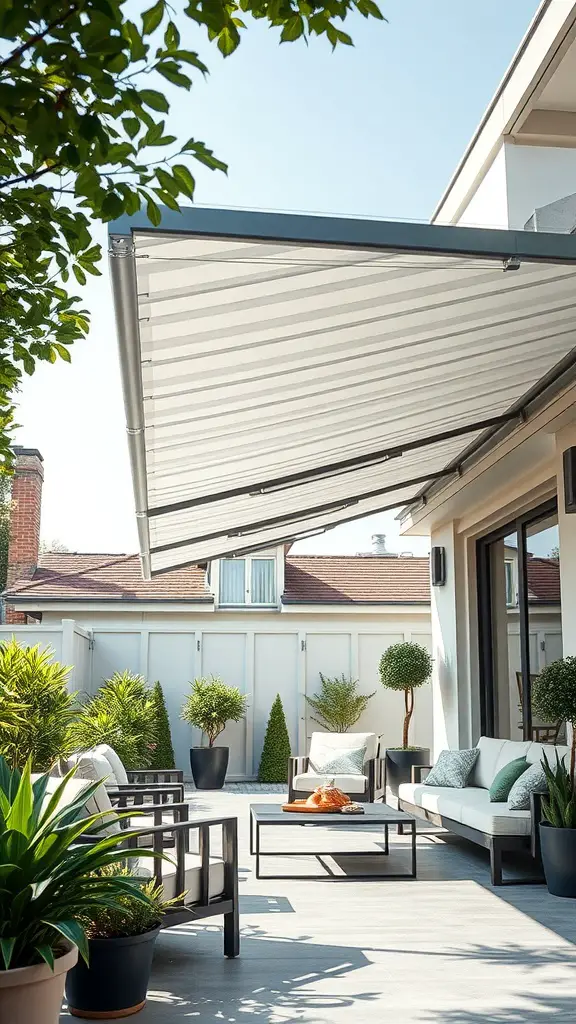 23+ Creative Patio Roof Extension Ideas You’ll Love 5 A modern patio featuring a sleek aluminum awning, comfortable seating, and lush greenery.