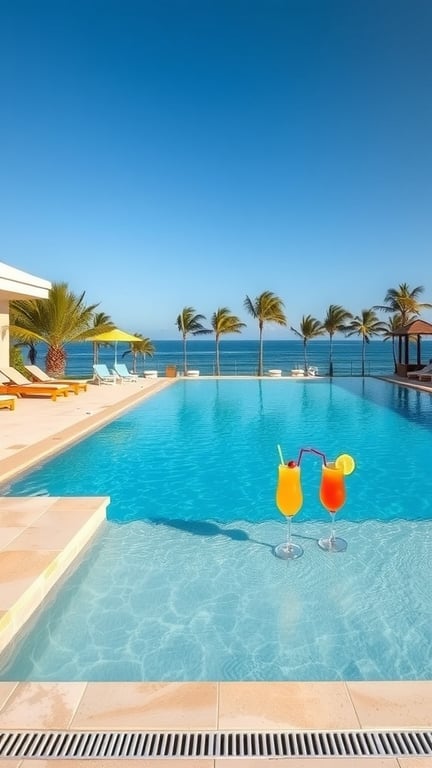 37+ Stunning Backyard Pool Design Ideas to Transform Your Outdoor Space 8 A beautiful pool with a swim-up bar, featuring two colorful cocktails and palm trees in the background.