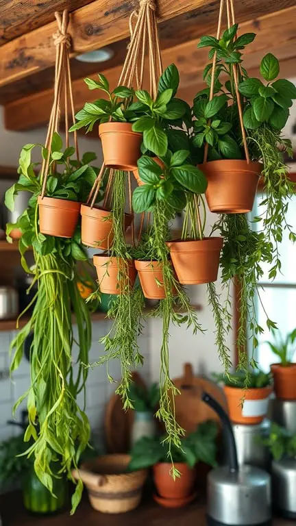 17+ Creative Mini Garden Ideas for Small Spaces 10 Hanging pots with various herbs in a kitchen setting