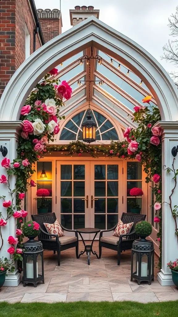 23+ Creative Patio Roof Extension Ideas You’ll Love 15 A beautiful archway roof design with flowers and a cozy seating area.