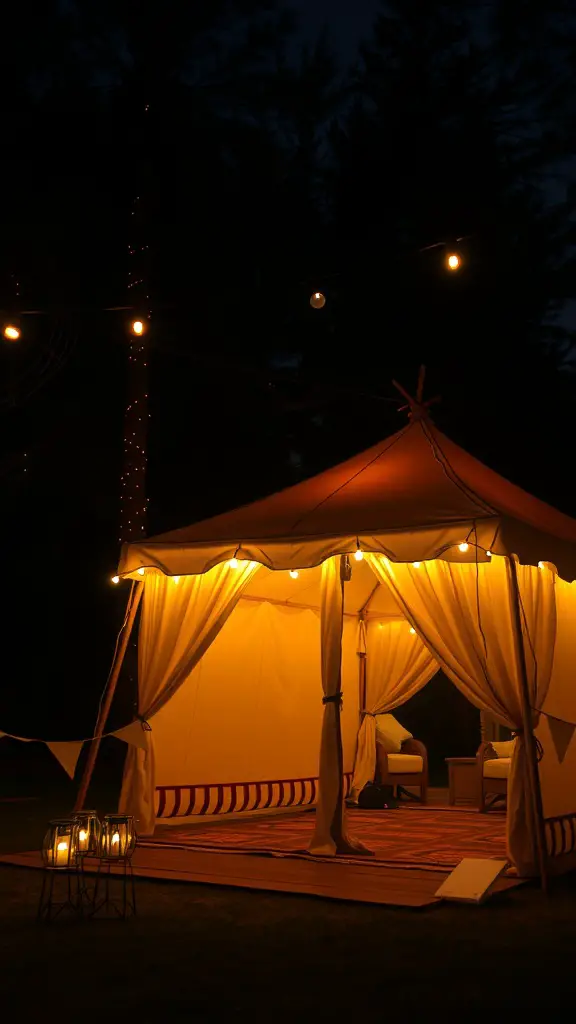 25+ Creative Tent Camping Setup Ideas for Your Next Adventure 9 A tent illuminated with warm lighting, showcasing string lights and lanterns, set in a dark outdoor environment.