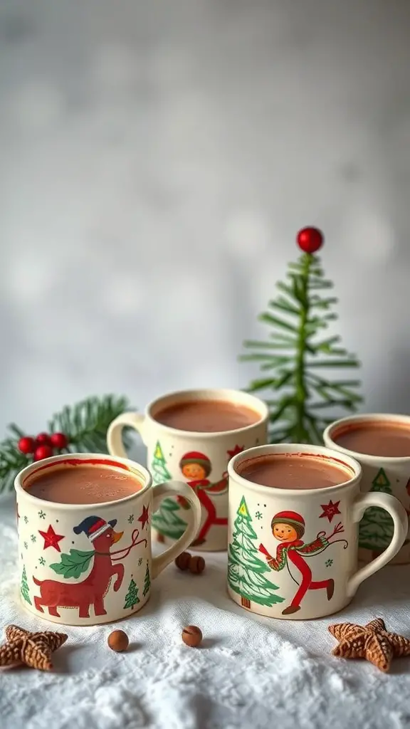 25+ Festive Christmas Craft Ideas to Get You in the Holiday Spirit 14 A set of hand-painted Christmas mugs featuring festive designs with a reindeer and a child in winter attire, surrounded by holiday decorations.