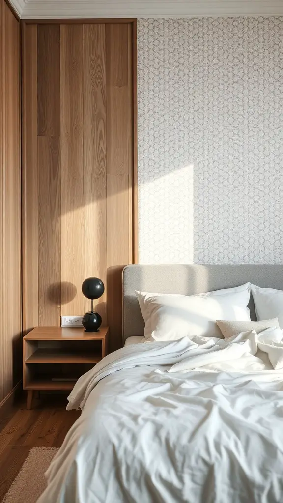 25+ Must-Have Items for a Cozy Scandinavian Bedroom 14 A Scandinavian bedroom featuring textured walls, wooden furniture, and soft textiles.