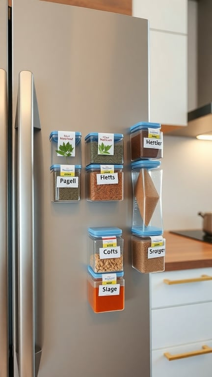 Magnetic containers on a refrigerator holding various spices, labeled for easy identification.