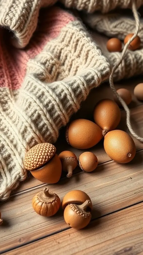 27+ Creative Fall Wood Crafts to Make This Season 8 A collection of wooden acorns scattered on a wooden surface next to a knitted fabric.