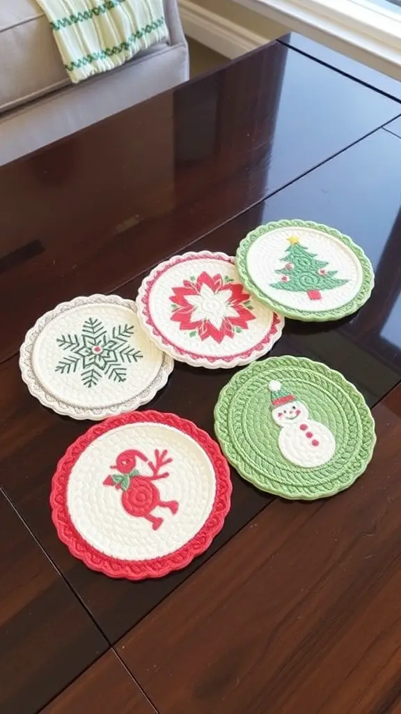 23+ Creative Christmas Crafts for Adults to Try This Holiday Season 17 A set of holiday-themed coasters featuring Christmas designs like trees, stockings, and musical notes.